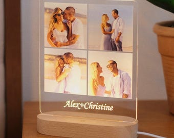 Custom Photo Night Light with Names – Personalized LED Acrylic Lamp with 4 Pictures – Romantic Gift for Couples, Wedding or Anniversary