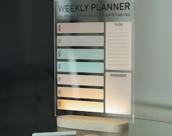 Minimalist Acrylic Desk Weekly Planner | Dry Erase Reusable Calendar with Wood Stand | Office Organization Gift