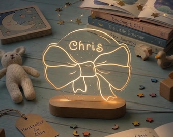 Personalized Bow Name Night Light - Coquette Room Decor, Aesthetic Bedside Light - Birthday Gift for Her, Flower Girl Gift Nursery Name Sign