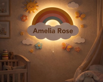 Rainbow Night Light Nursery Wall Decor for Girls, Custom Name Wood Lamp, Rainbow Baby Shower Gift, Toddler Room Decor Kids Lamp