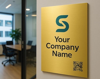 Custom Business Sign with QR Code, Personalized Gold Office Logo Plaque, Company Name Wall Decor, Professional Branding Signage