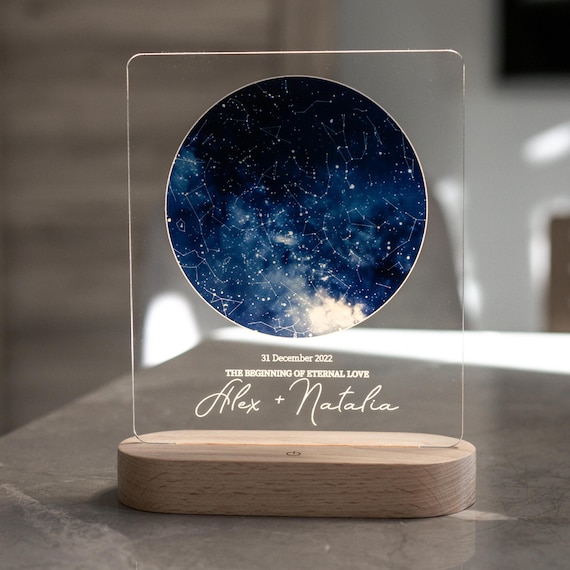 A custom star chart built into a glowing night light — the light-up element makes it interactive and far more interesting than a flat print, with decent 12-favorite demand.