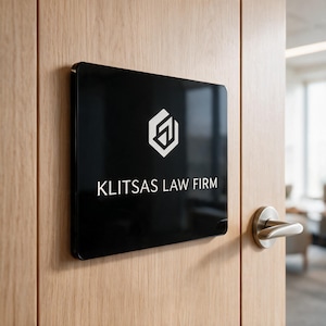 May include: A rectangular black sign mounted on a light wood door. The sign features a white geometric logo at the top and the text KLITSAS LAW FIRM printed in white capital letters below the logo. The sign has a smooth, reflective surface.