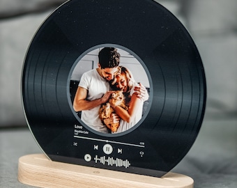 Custom Vinyl Record Night Light with Photo, Personalized Song Plaque with Wooden Base, Anniversary Gift for Couple