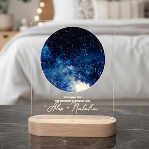 May include: A personalized night light featuring a celestial map within a circular design. The acrylic panel displays a starry sky in shades of blue and white, with the text "31 December 2022", "The Beginning of Eternal Love", and names "Alex + Natalia" on the base.
