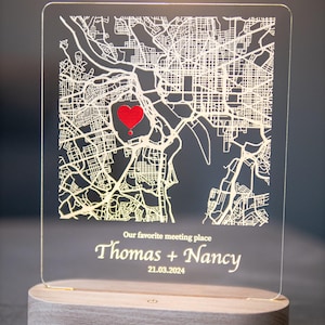 Veilleuse avec carte Notre premier rendez-vous personnalisé, carte Tout a commencé, veilleuse de carte RVB, cadeau d'anniversaire unique, plaque acrylique personnalisée avec impression de carte