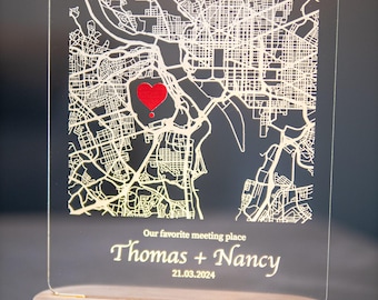 Custom Night Light with Couple's Meeting Location – Personalized Acrylic Map Lamp with LED Base – Romantic Gift for Him or Her