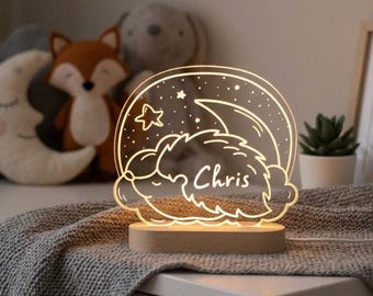 Personalized Nursery Decor - Acrylic Bedside Lamp with Wooden Base - Cute Sleepy Hedgehog LED Light - New Baby Gift Toddler Birthday Present