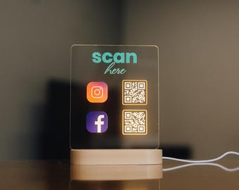 Custom Acrylic QR Code Sign for Business | Social Media Display Stand | Instagram Facebook Scan Here Sign | Modern Restaurant Table Decor