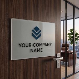 May include: A rectangular frosted glass office sign mounted on a dark wood door. The sign features a dark blue geometric logo consisting of stacked chevron shapes above the black text "YOUR COMPANY NAME" in a clean, sans-serif typeface.