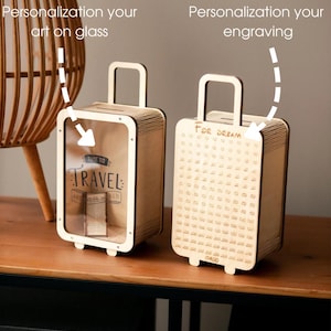 Wooden Suitcase Piggy Bank – Personalized Money Box with Engraving & Glass Front – Travel Fund Savings Bank, Unique Gift for Kids and Adults