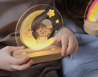 Cute Lion Night Light for Kids – LED Acrylic Moon Lamp with Stars – Animal Nursery Light, Baby Night Lamp, Gift for Boys or Girls