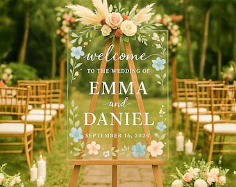 Personalized Wedding Welcome Sign – Custom Acrylic Entrance Board with Names and Date, Floral Ceremony Decor, Reception Signage