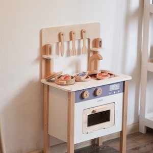 Wooden Pretend Play Kitchen Set for Kids with Montessori Toys Included, Perfect Birthday Gift for Girls, Durable Wood Furniture for Toddlers
