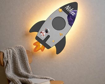 Personalized Rocket Wall Light, Space Night Light for Nursery, Astronaut Kids Room Decor, Custom Wooden Lamp, Birthday Boy Gift
