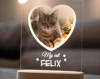Personalized Cat Portrait LED Lamp, Heart Shape Acrylic Plaque with Wooden Base, Pet Memorial Gift, Custom Cat Name Light