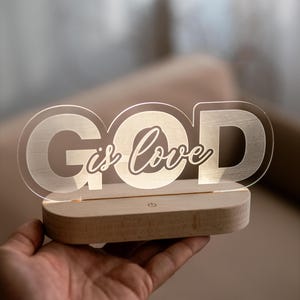 Christian Acrylic LED Night Light, &quot;God is Love&quot; Engraved Lamp, Religious Home Decor, Catholic Gift, Catholic Home Decor