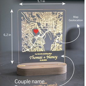 Veilleuse avec carte personnalisée, lumière de lieu personnalisée, cadeau de fiançailles pour couple, cadeau d'anniversaire de couple, cadeau petit ami, cadeau Saint-Valentin
