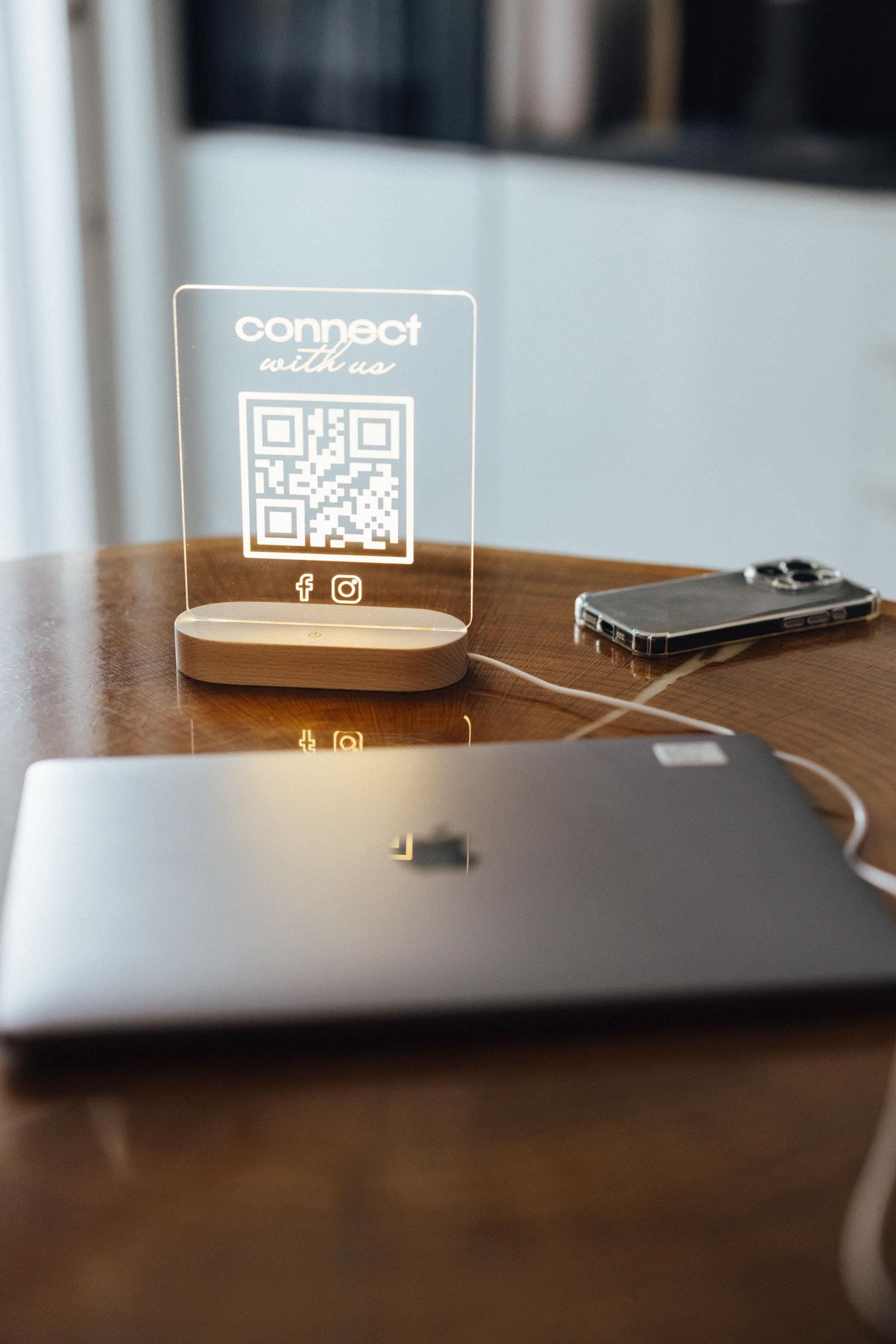 Custom Acrylic QR Code Sign with LED Light – Personalized Table Stand for Business, WiFi, Menu, Payments or Social Media Display