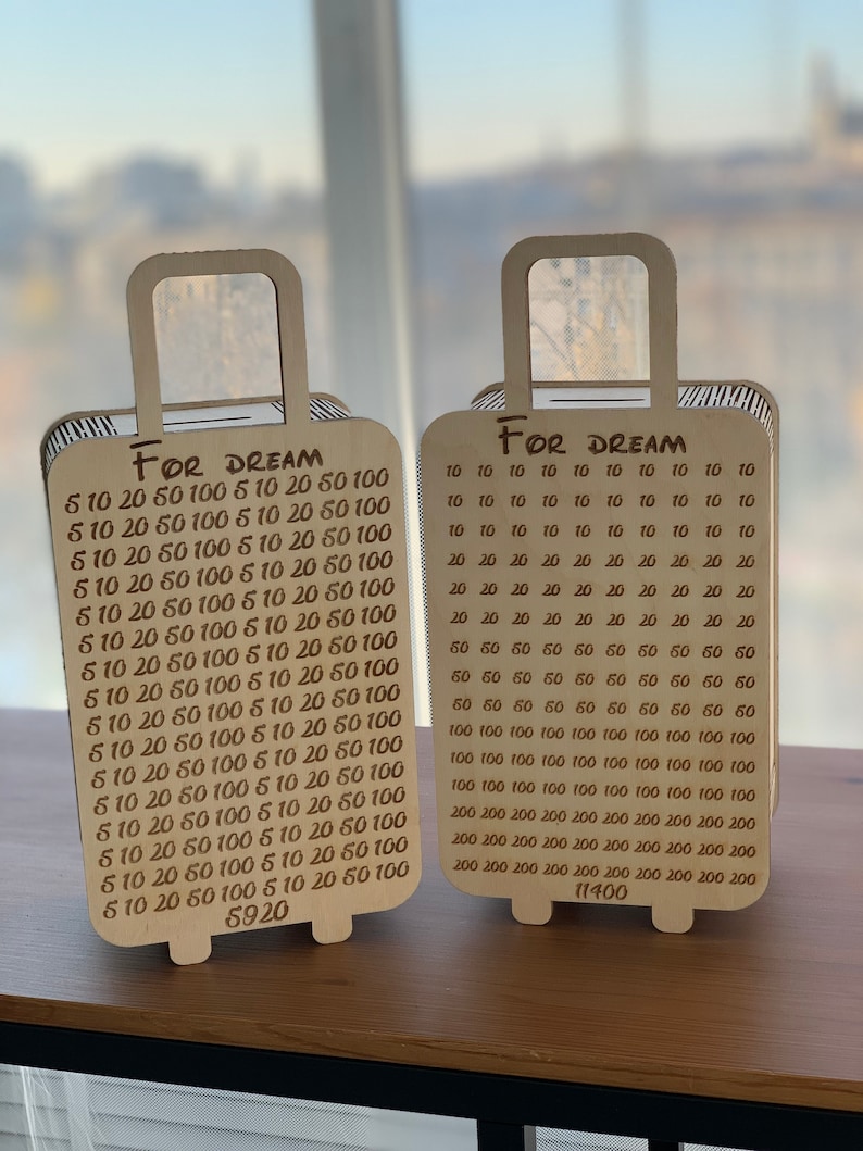 以下が含まれることがあります： 「FOR DREAM」と書いてある木製の旅行鞄の形をした箱が2つあります。箱には数字が印刷されており、それぞれの箱の下部に合計金額が記載されています。左側の箱の合計は5920、右側の箱の合計は11400です。