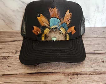 Feather Trucker Hat, Cowgirl hat, western hat, western trucker hat, faux feather hat, trendy trucker hat, cute hat