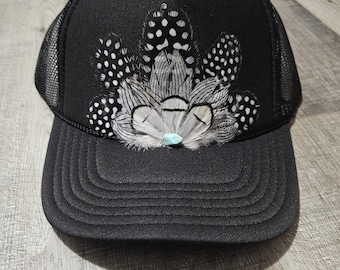 Feather Trucker Hat, Cowgirl hat, western hat, western trucker hat, faux feather hat, trendy trucker hat, cute hat