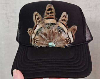 Feather Trucker Hat, Cowgirl hat, trendy hat, cute trucker hat, western hat, faux feather hat