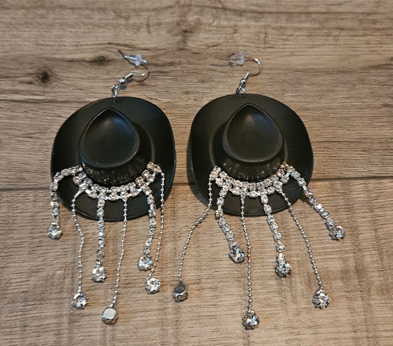 Cowgirl Hat Earrings With Rhinestone Tassels