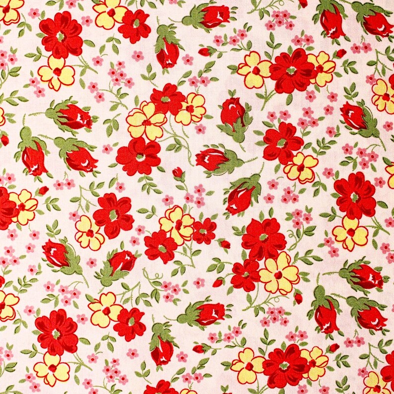 Floral Cotton Fabric With White Flowers on Red Small Print Etsy
