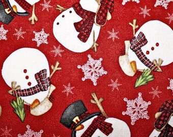 Snowmen Fabric, Henry Glass 100% Cotton Red Christmas Print, 44/45 Inches Wide