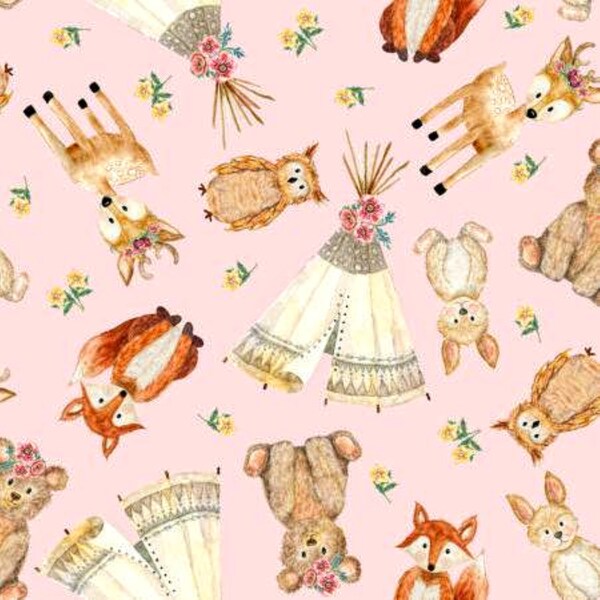 Tossed Forest Animals, 3 Wishes Fabric, Forest Friends, Audrey Jeanne Roberts, Pink