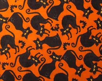 Halloween Fabric Black Cat Silhouettes Small Bats Orange Background