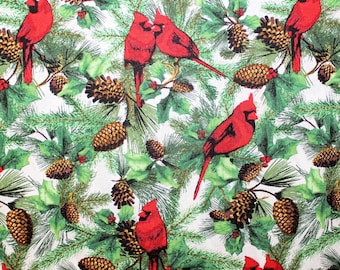 Christmas Fabric Design, Half and Quarter Yard, Winter Cardinals, Woodland Animal Fabric