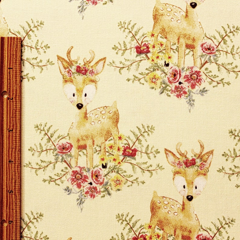 Large Print Fabric, Woodland Animal Fabric, Light Yellow Fabric, Kid Themed Fabric image 2