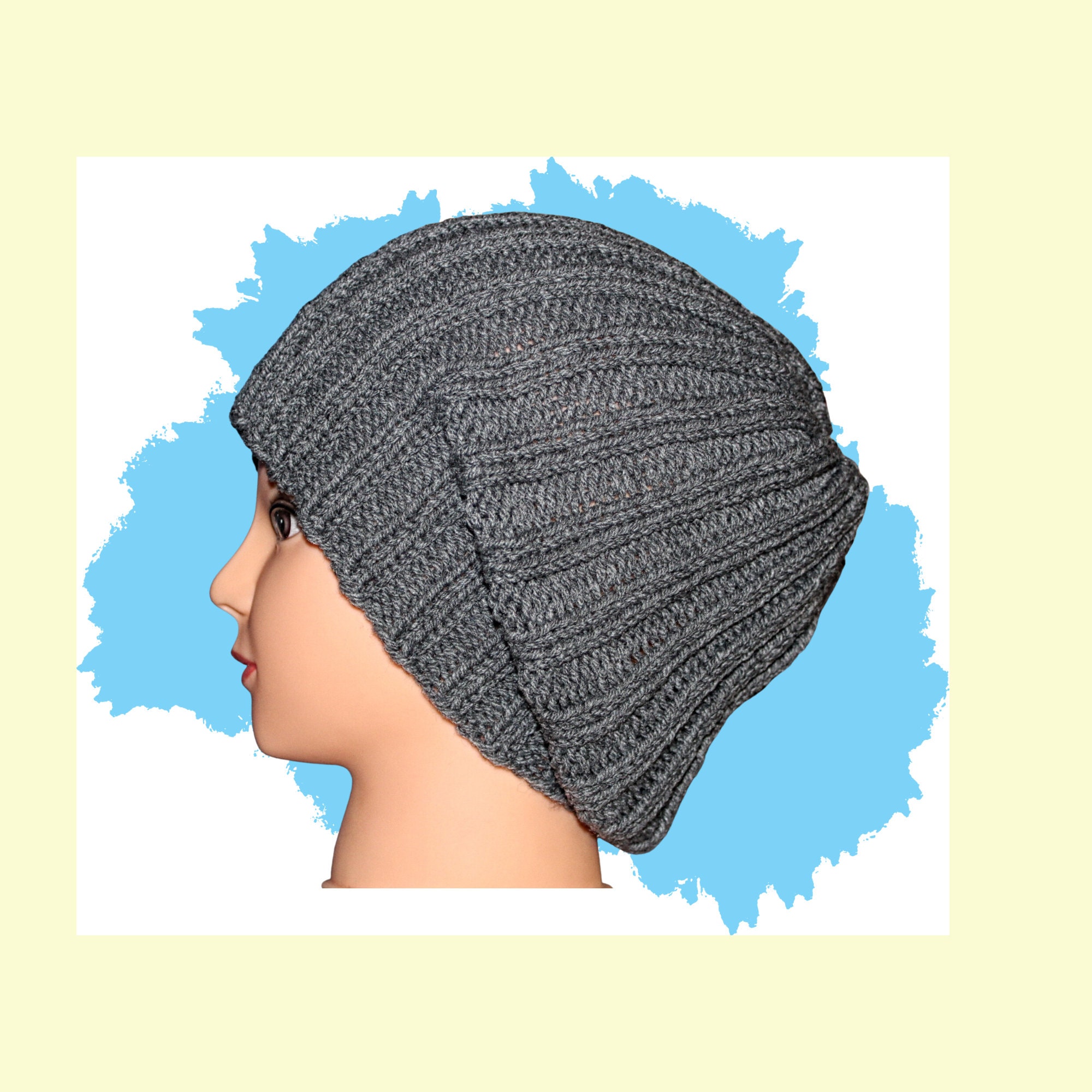 Hand Knit Heather Gray Slouch Beanie, Ribbed Acrylic Winter Hat