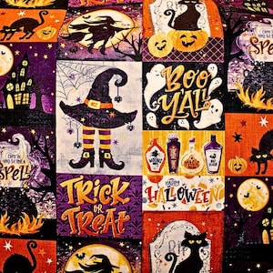 May include: A multi-paneled fabric print featuring Halloween motifs including black cats, witches on broomsticks, haunted houses, pumpkins, ghosts, and potion bottles. Text includes Boo Y'all, Trick or Treat, Happy Halloween, and Come In and Sit for a Spell.