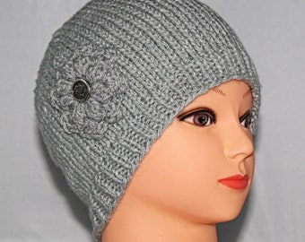 Knit Hats, Gift For Women, Gray Hat, Basic Knit Hat, Gray Knitted Beanie, With Flower