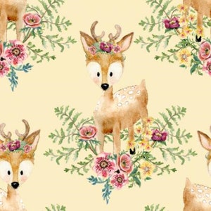 Large Print Fabric, Woodland Animal Fabric, Light Yellow Fabric, Kid Themed Fabric image 1