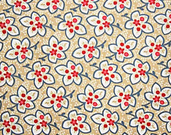 Red Rooster Fabric, American Beauty, Tan Background, Summertime Fabric