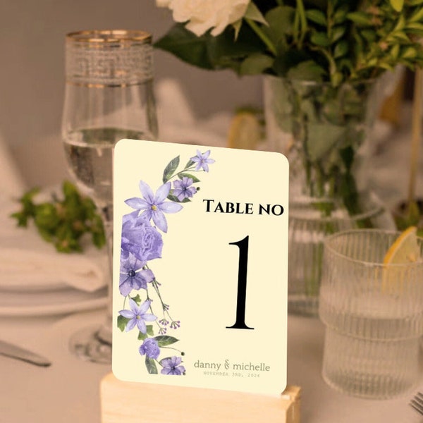 Purple Floral Table Sign Template; Purple floral wedding; wedding paper template; Table numbers; purple flower table number template;