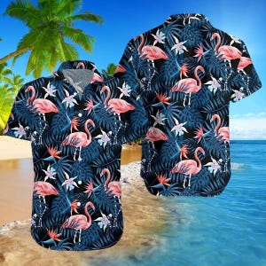 Tropical Flamingo Hawaiian Shirt, Pink Flamingo Beach Shirt, Summer Vacation Shirt, Botanical Bird Aloha Shirt Gift