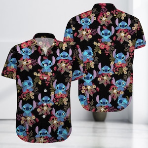 Koszula hawajska Stitch Floral, Czarna tropikalna koszula z guzikami Stitch, Słodka koszula z guzikami z kreskówek, Prezent na wakacje Disneya