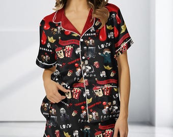 Let’s Watch Horror Movies Satin Pajama Set, Friends Scream Pjs, Halloween Sleepwear, Spooky Cute Horror Costume