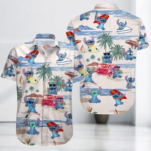 Cute Stitch Hawaiiaans strandshirt, Lilo and Stitch Zomervakantie Button-shirt, Surf Stitch Cartoon-shirt voor fans