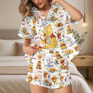 Winnie the Pooh Satin Pajamas Set, Cute Cartoon Bear Sleepwear for Disney Fans, Piglet and Friends Summer Loungewear