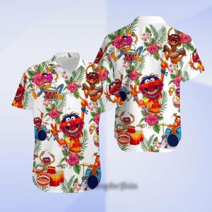 Muppets dier Hawaiiaans shirt, zomer strand aloha shirt, leuke cartoon drummer cadeau voor hem, vakantie top