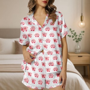Cute Kirby Cartoon Satin Short Pajamas, Pink Character Loungewear Set, Summer Sleepwear for Fans, Gift For Her
