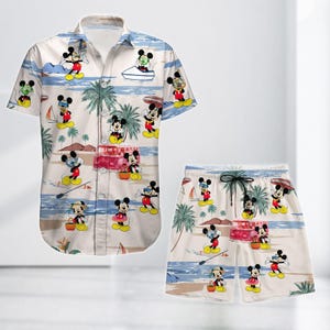 Mickey Mouse Hawaiian Beach Shirt/Shorts, Summer Disney Cruise Button Shirt, Cartoon Vacation Outfit
