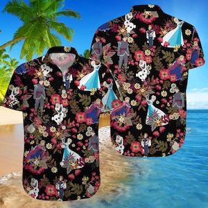 Camisa hawaiana de princesa Frozen, camisa con botones de Elsa y Olaf, atuendo de vacaciones de verano familiar de Disney, camisa floral de dibujos animados para fans