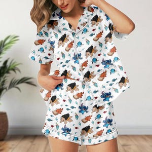 Conjunto de pijama corto de satén de Stitch y Lilo, ropa de dormir kawaii, pijama de verano de Disney para mujer, regalo de satén de Disney